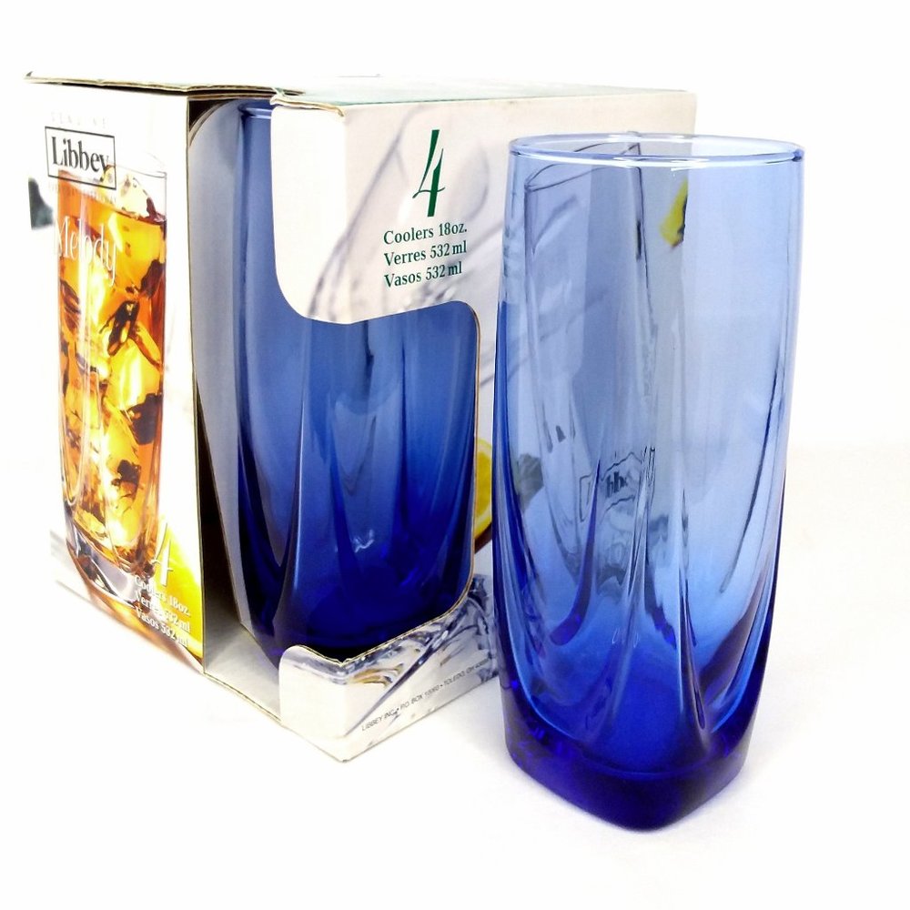 Libbey Melody Coolers Glasses Cobalt Blue 18oz Set of 4 New in Box